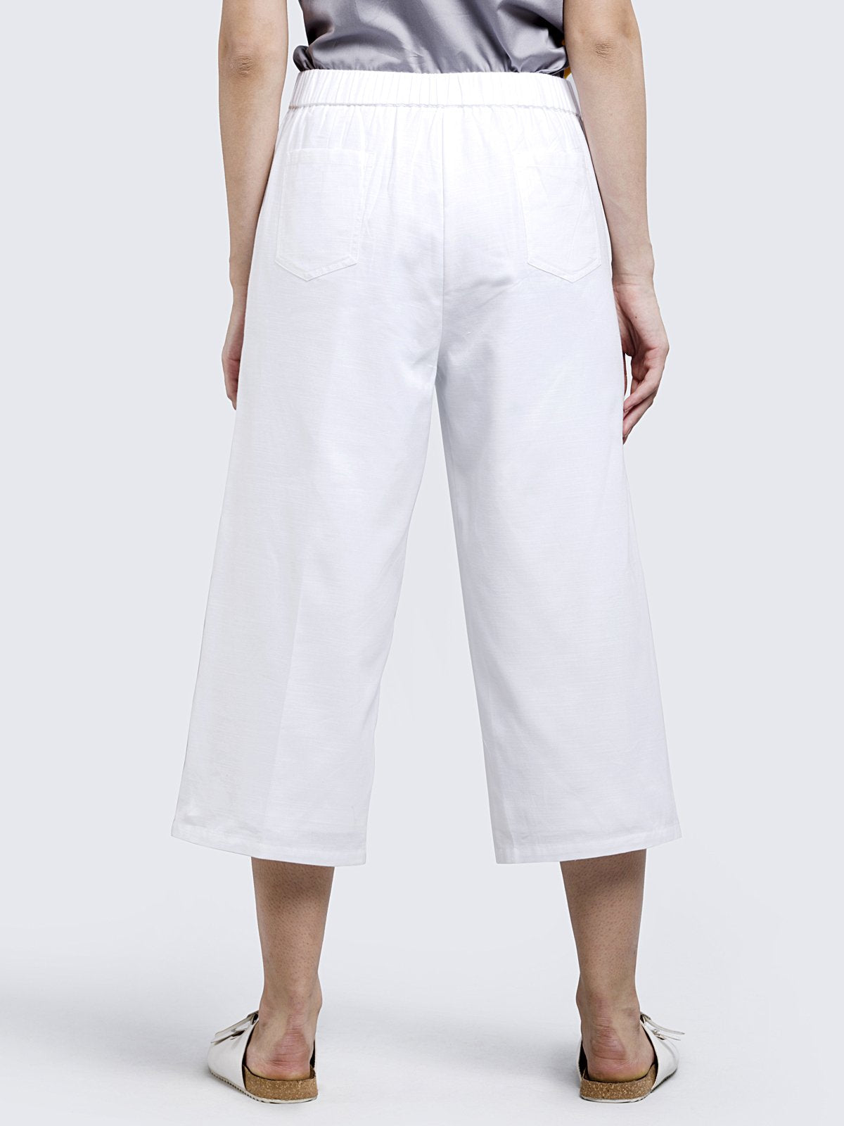 Cotton Linen Pleated Culottes With Elastic - White