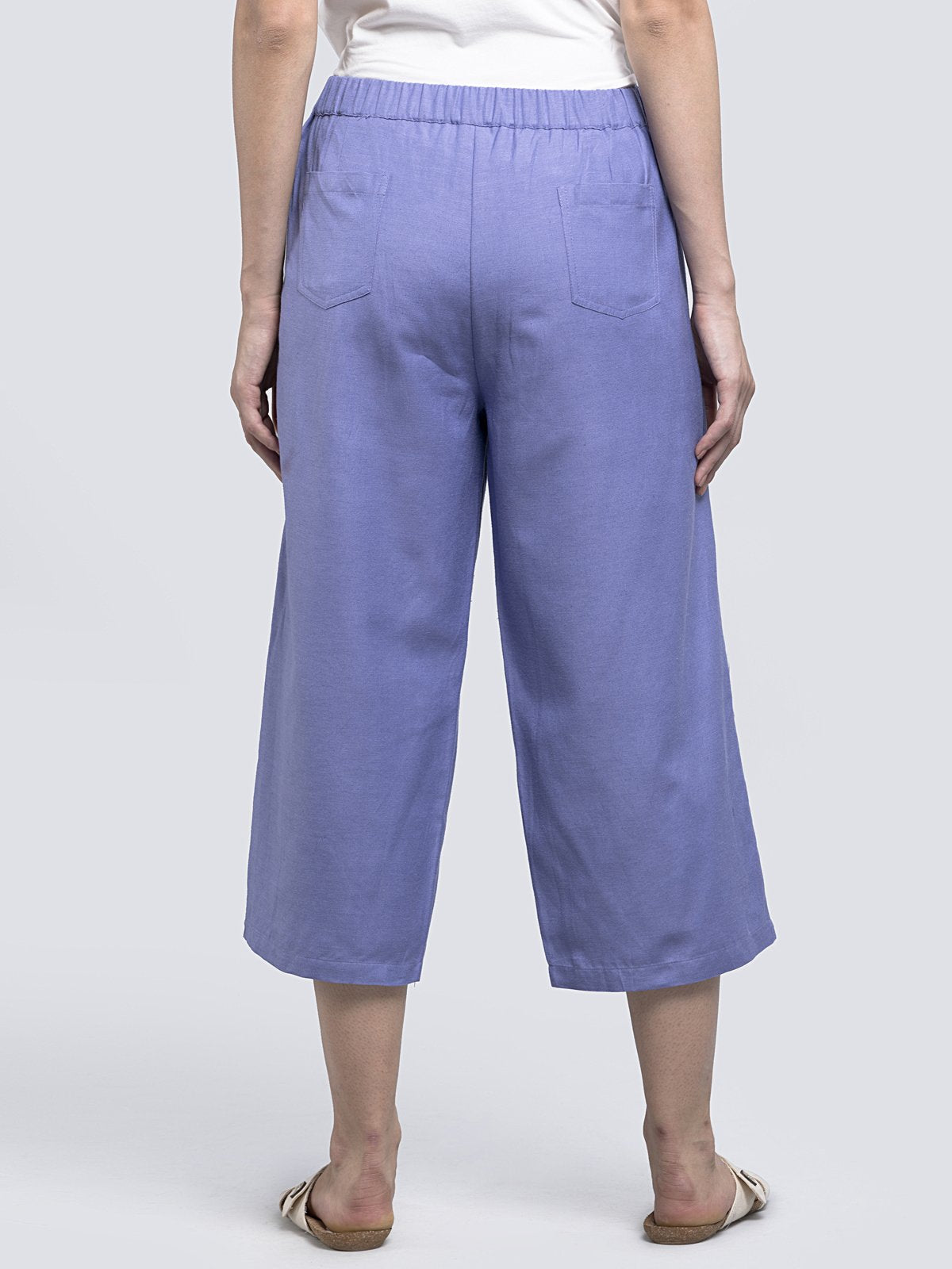Cotton Linen Pleated Culottes With Elastic - Purple