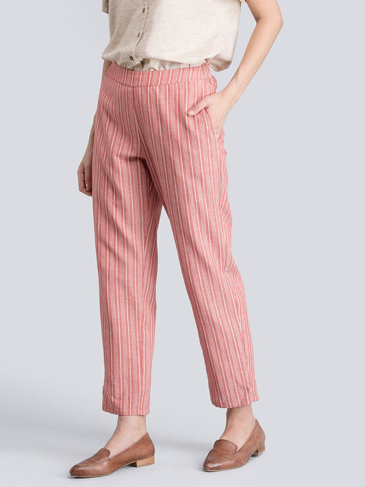 Cotton Linen Striped Tapered Pants - Red