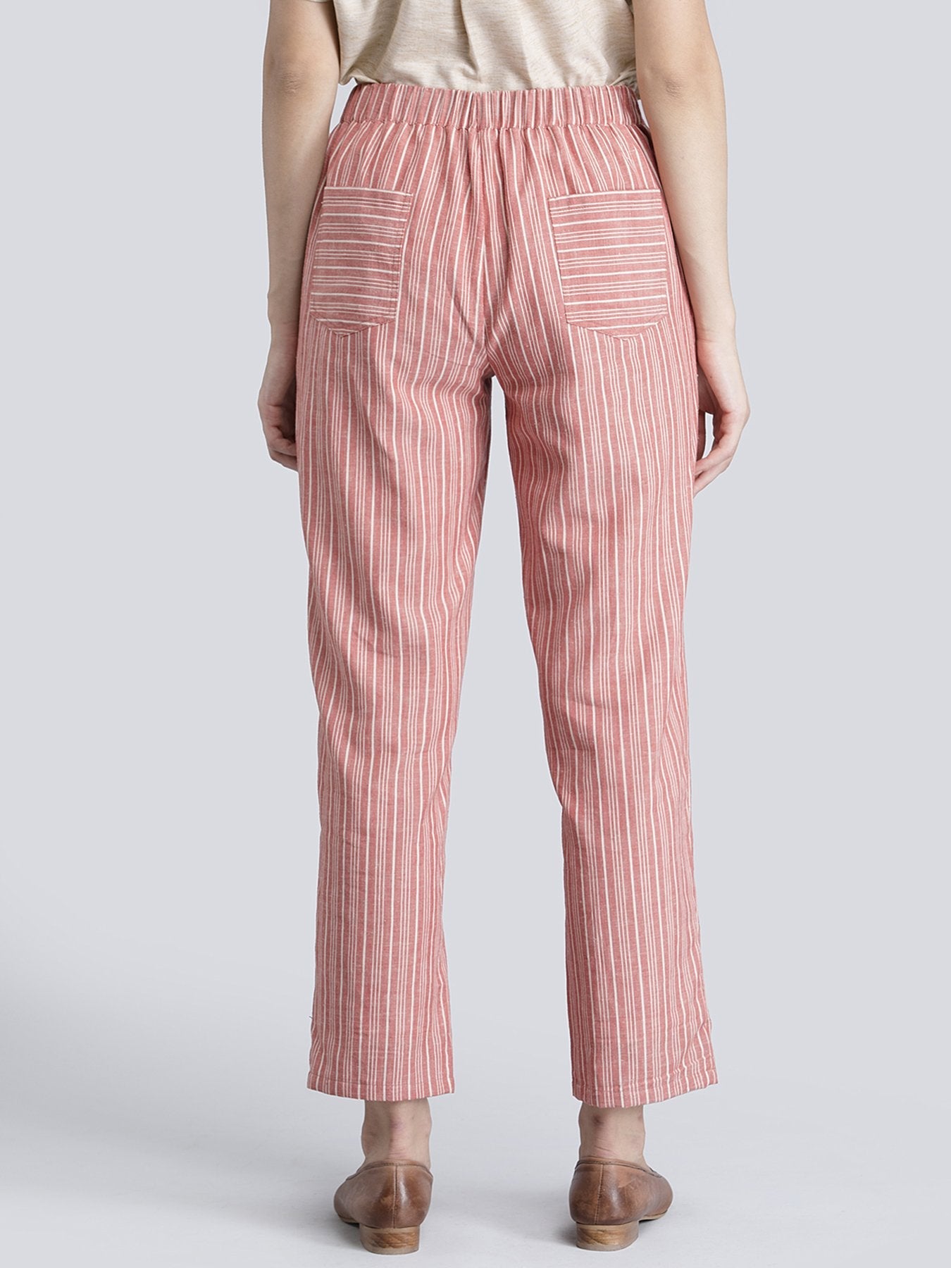 Cotton Linen Striped Tapered Pants - Red