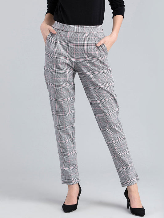 Cotton Lycra Plaid Pants - Black and White