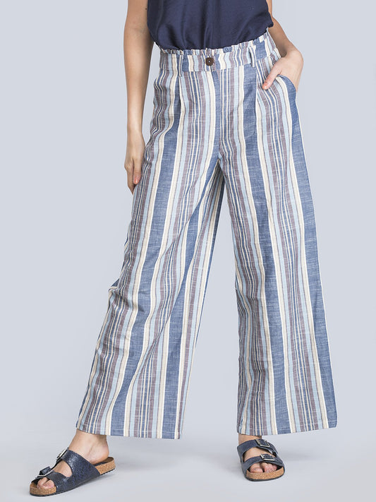 Cotton Paperbag Waist Pants - Blue and White