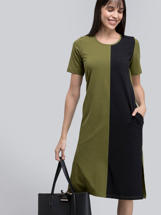 Cotton Round Neck Colour Block Knitted Shift Dress - Green and Black