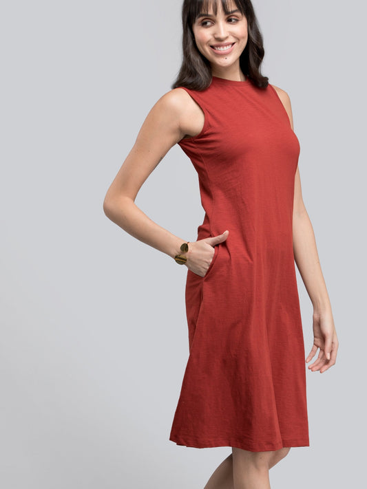 Cotton Round Neck Knitted Dress - Rust
