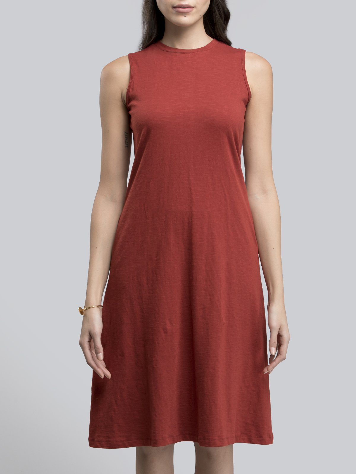 Cotton Round Neck Knitted Dress - Rust