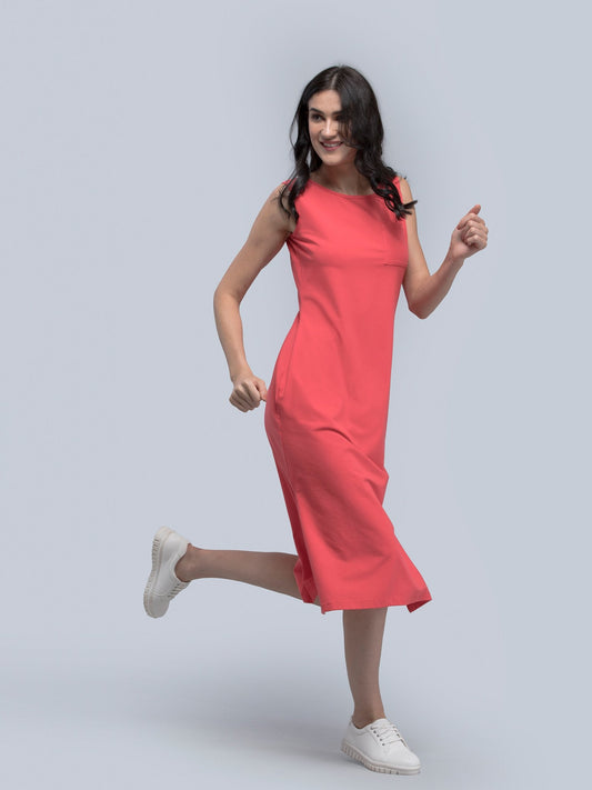 Cotton Round Neck Knitted Midi Dress - Pink