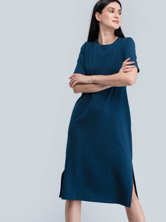 Cotton Round Neck Knitted Midi Dress - Blue