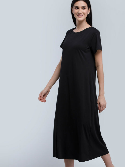 Cotton Round Neck Knitted Midi Dress - Black