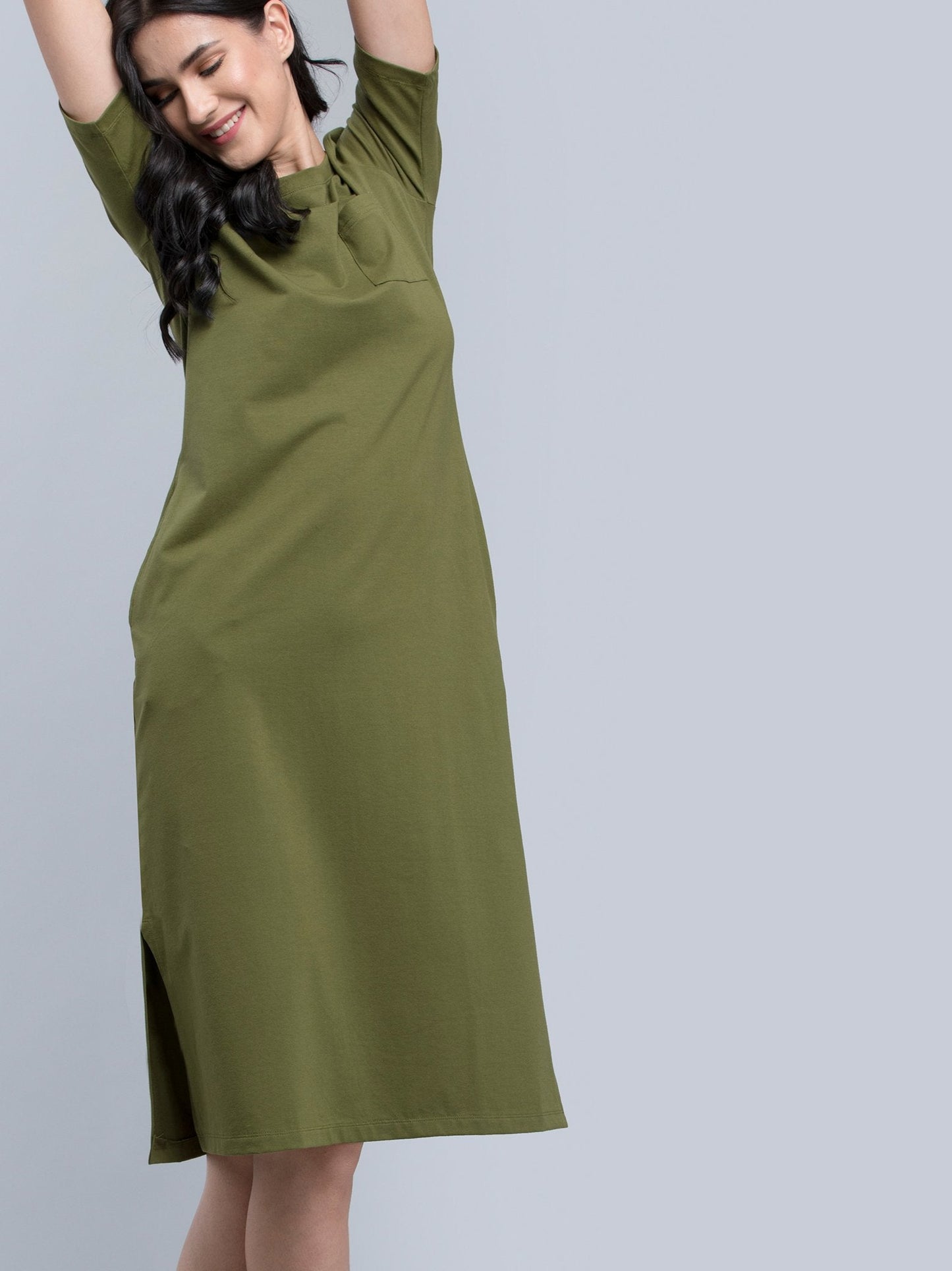 Cotton Round Neck Knitted Midi Dress - Olive