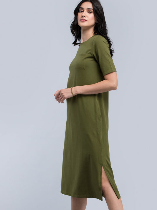 Cotton Round Neck Knitted Midi Dress - Olive