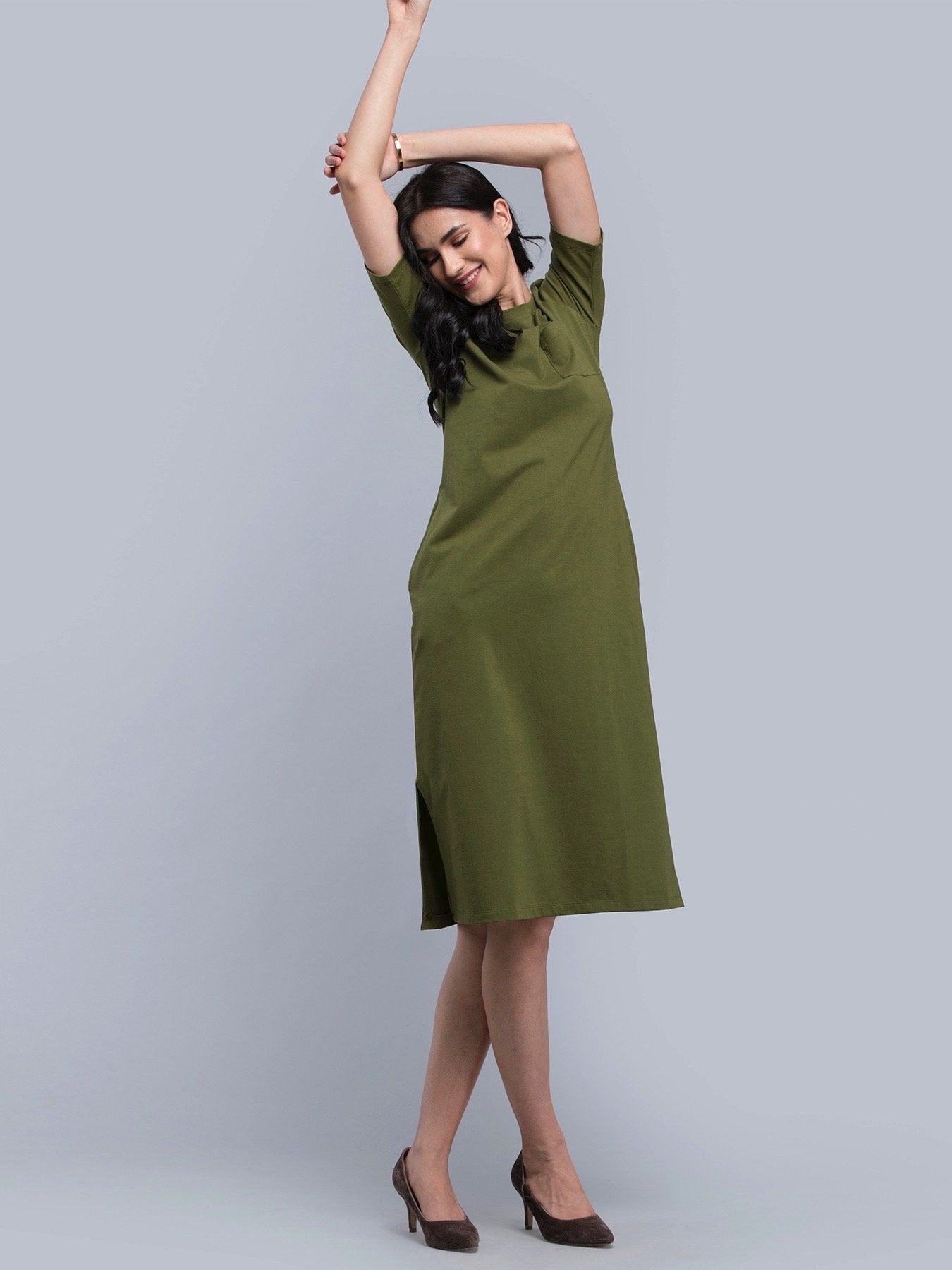 Cotton Round Neck Knitted Midi Dress - Olive