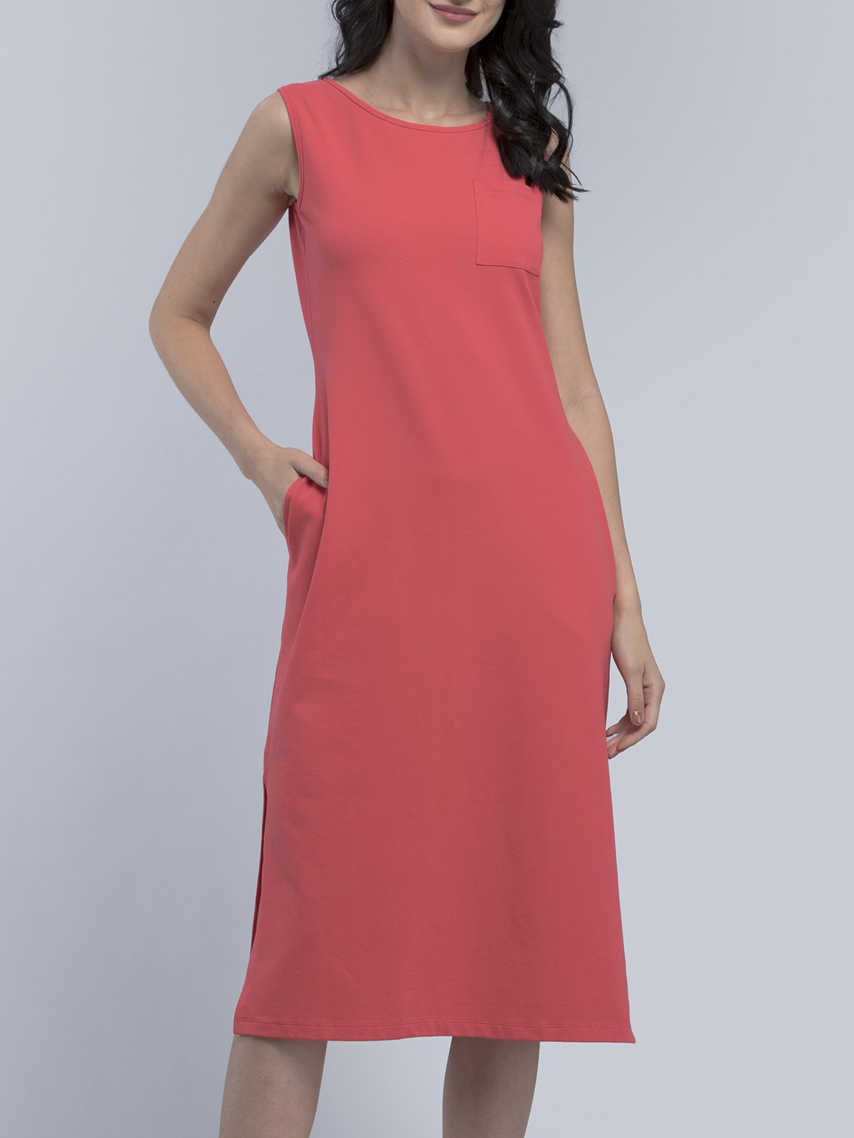 Cotton Round Neck Knitted Midi Dress - Pink