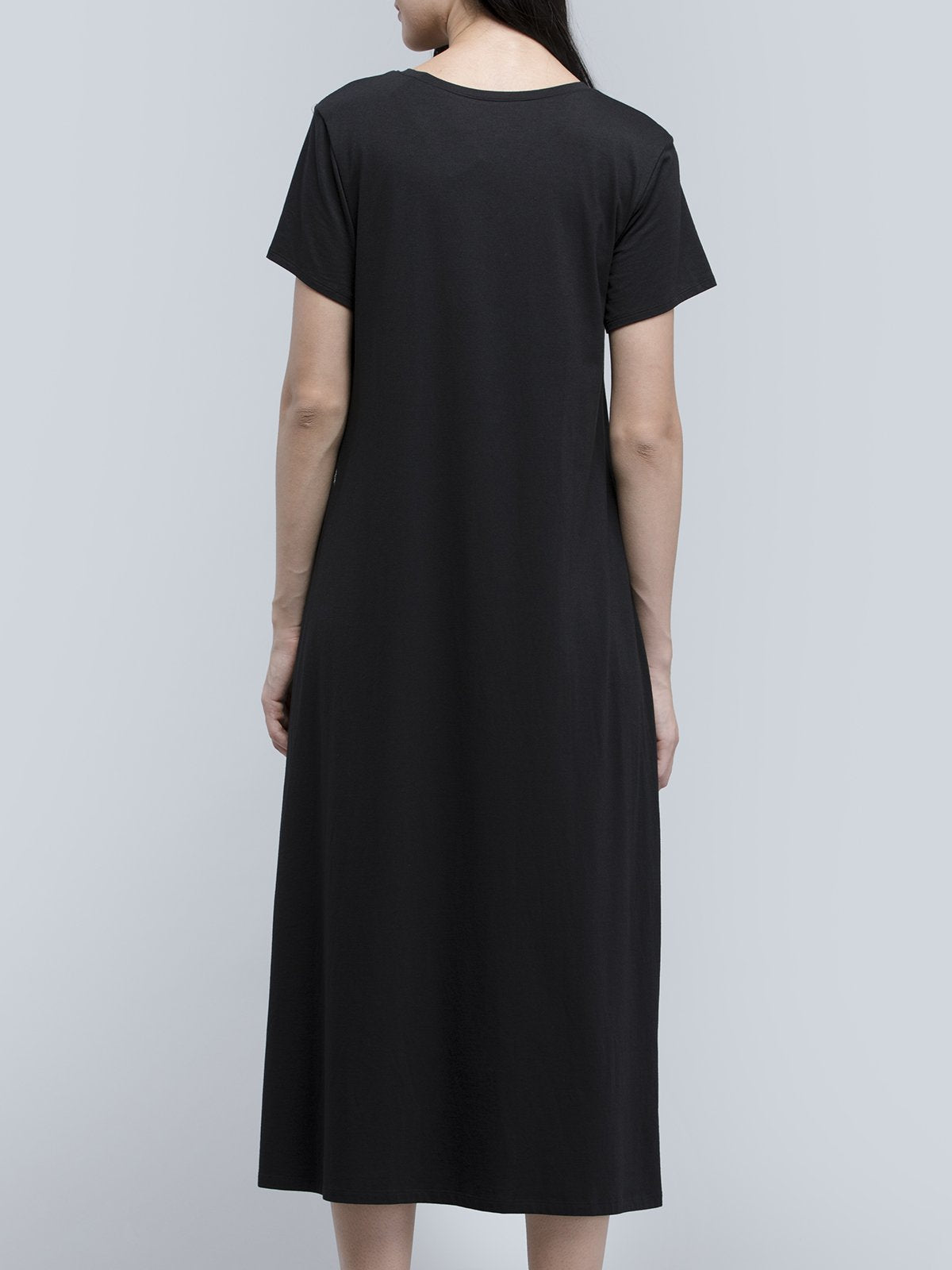 Cotton Round Neck Knitted Midi Dress - Black