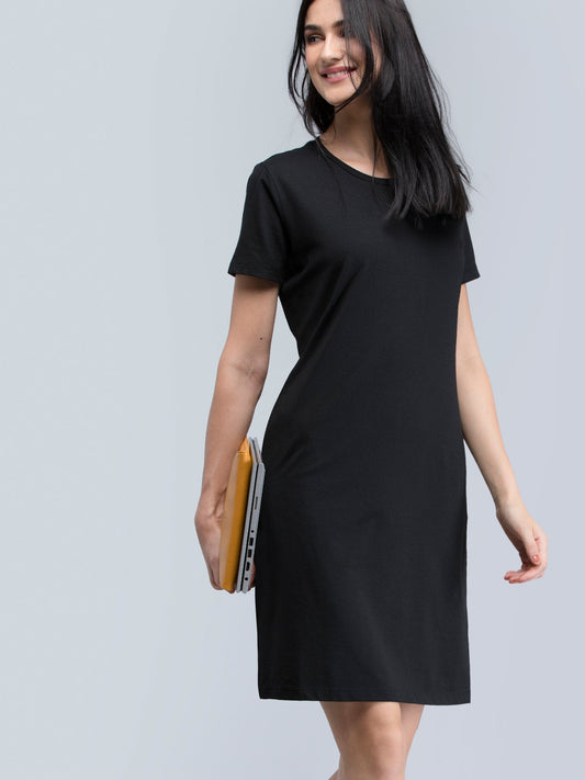 Cotton Round Neck Knitted Shift Dress - Black