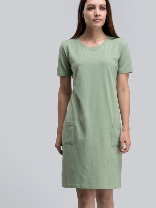 Cotton Round Neck Knitted Shift Dress With Pockets - Green