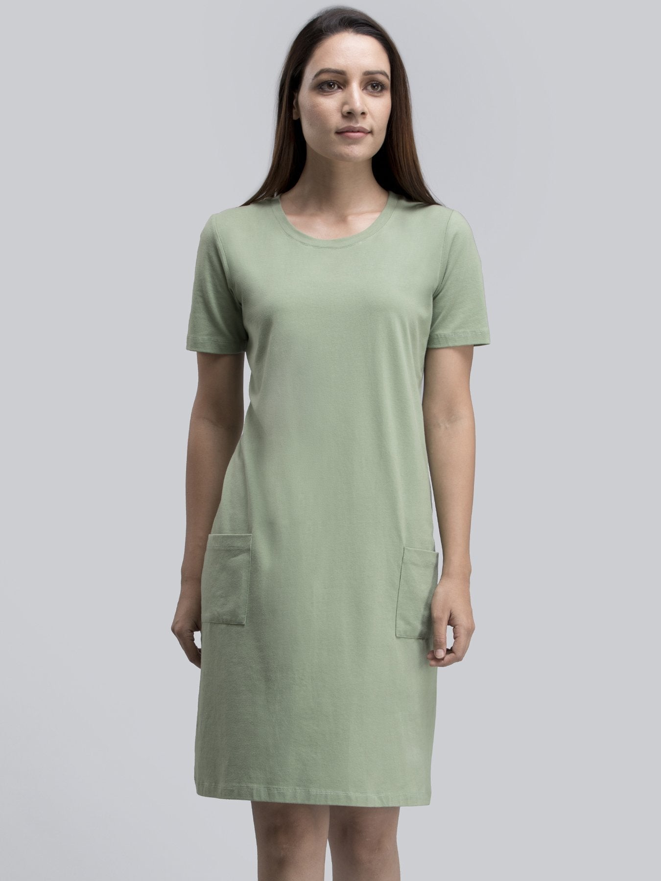 Cotton Round Neck Knitted Shift Dress With Pockets - Green