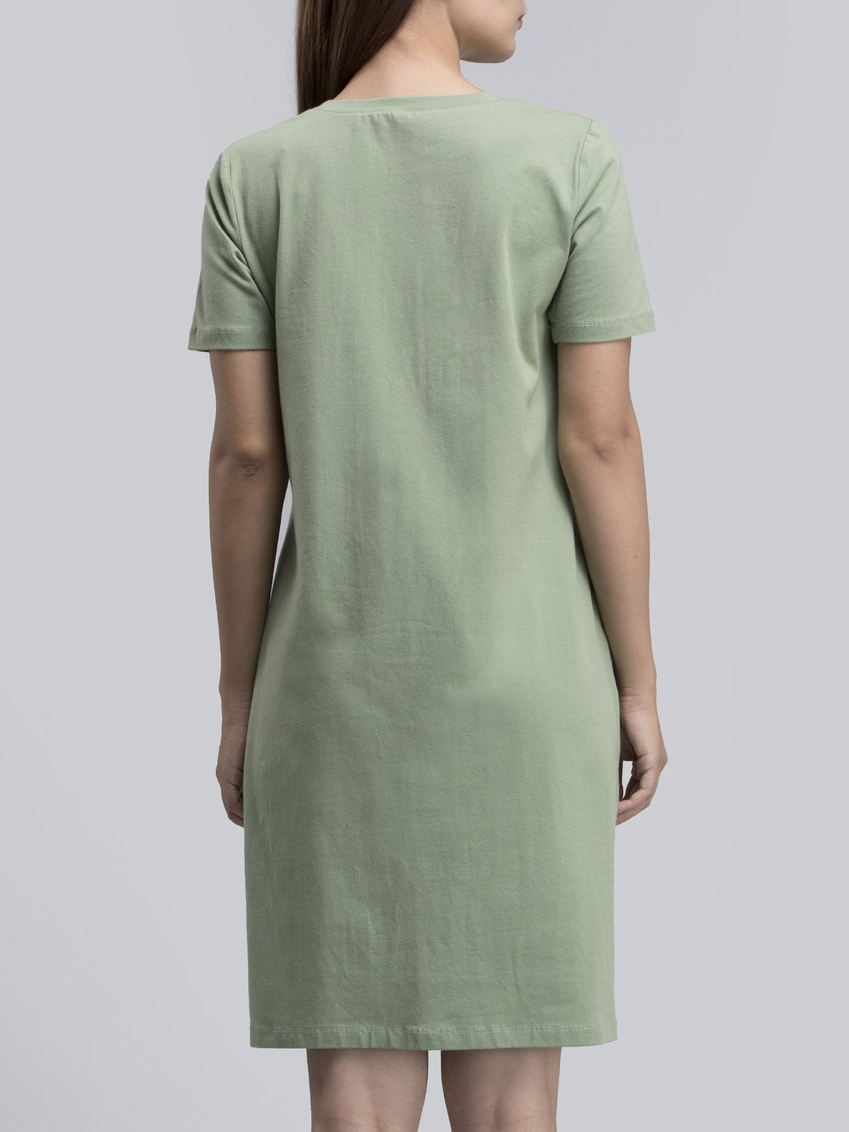 Cotton Round Neck Knitted Shift Dress With Pockets - Green