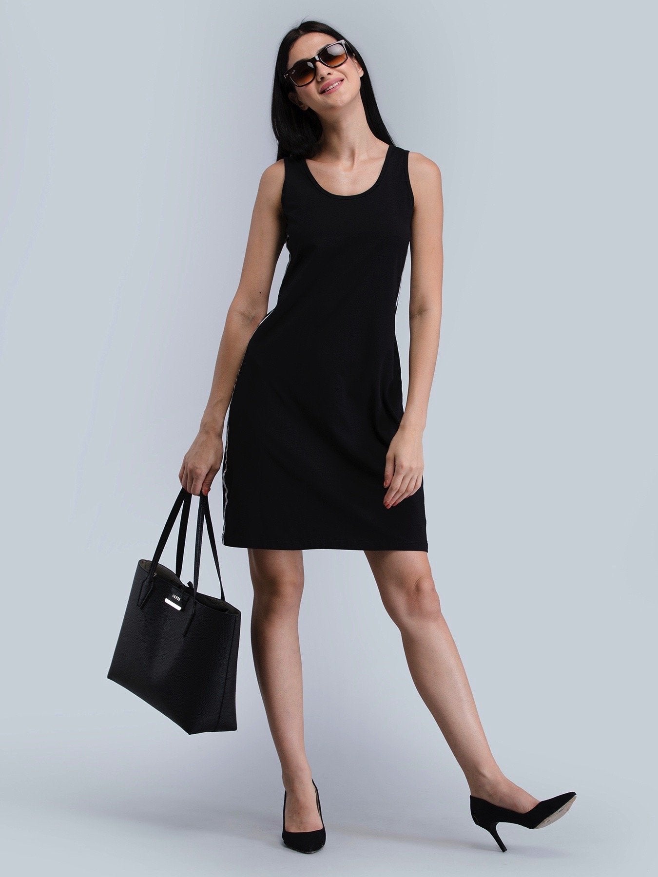 Cotton Scoop Neck Knitted Shift Dress - Black