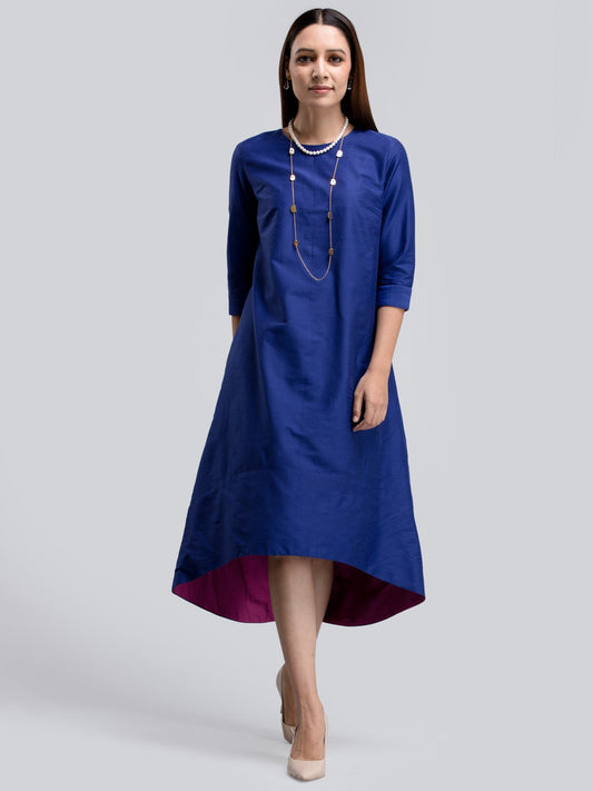 Cotton Silk Colour Block High Low Dress - Blue
