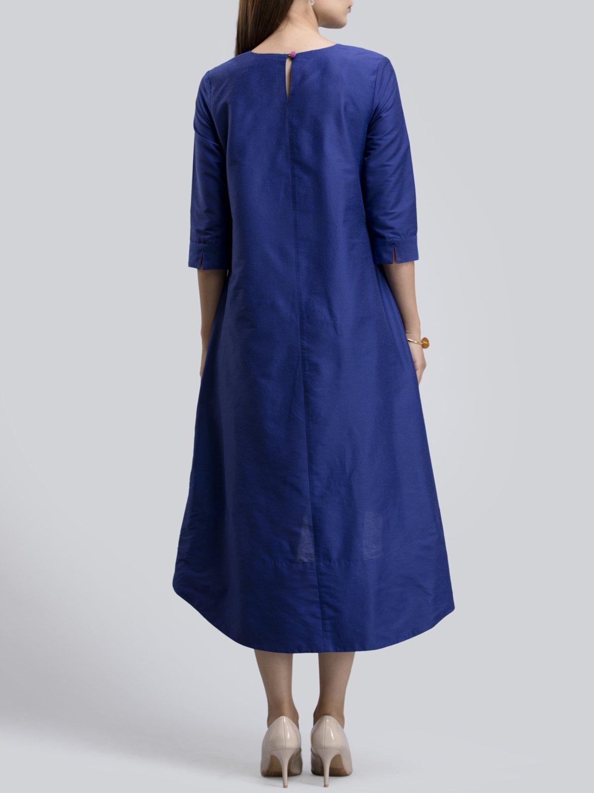 Cotton Silk Colour Block High Low Dress - Blue