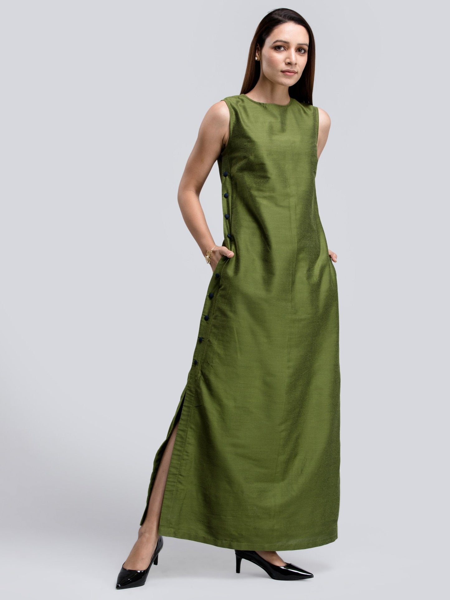 Cotton Silk Colour Block Maxi Dress - Green