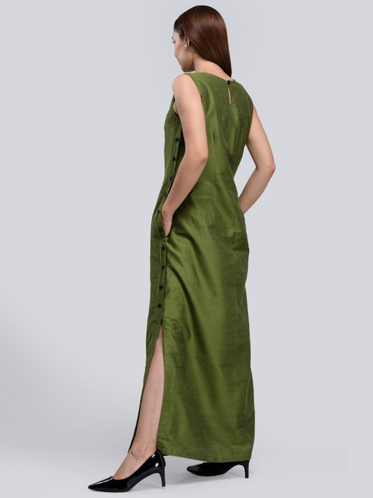 Cotton Silk Colour Block Maxi Dress - Green