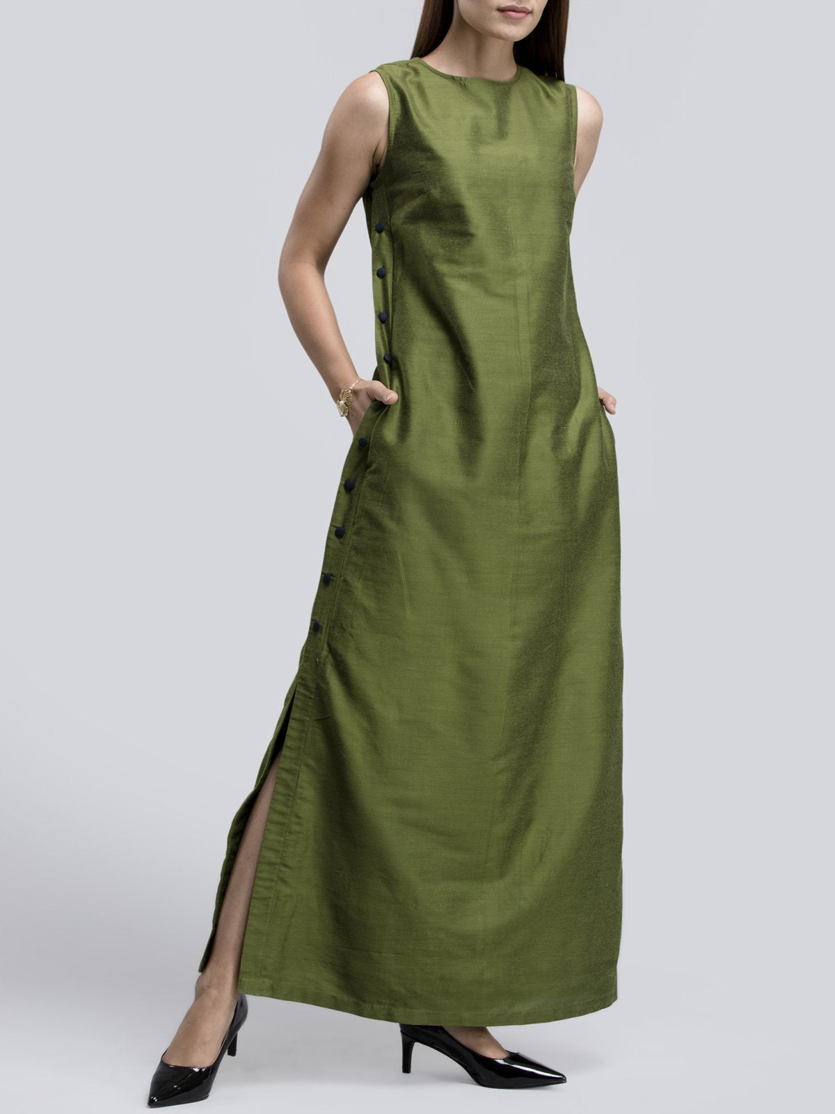 Cotton Silk Colour Block Maxi Dress - Green