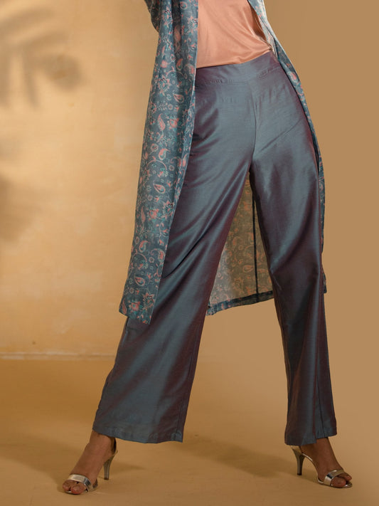 Cotton Silk Flared Pants - Blue