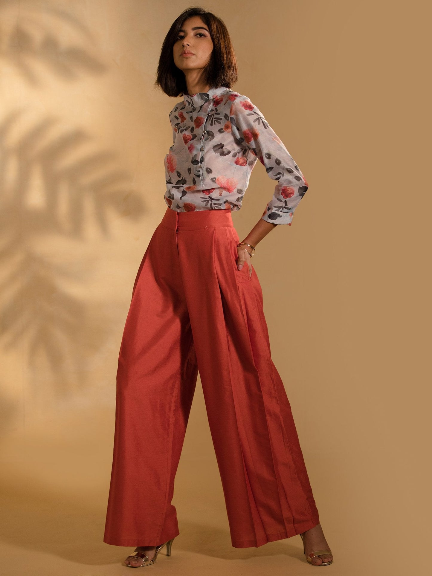 Cotton Silk Pleated Flared Pants - Rust