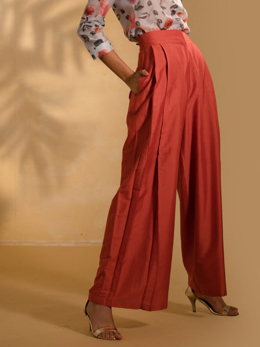 Cotton Silk Pleated Flared Pants - Rust