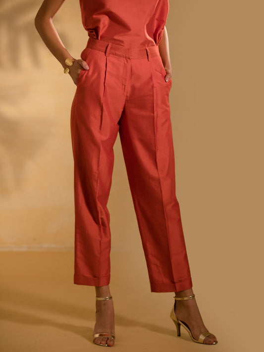 Cotton Silk Pleated Pants - Rust