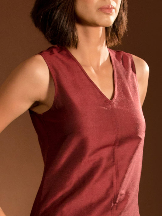 Cotton Silk V Neck Dress - Maroon