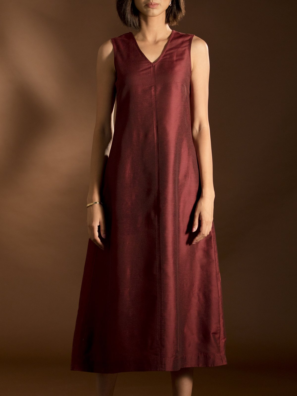Cotton Silk V Neck Dress - Maroon
