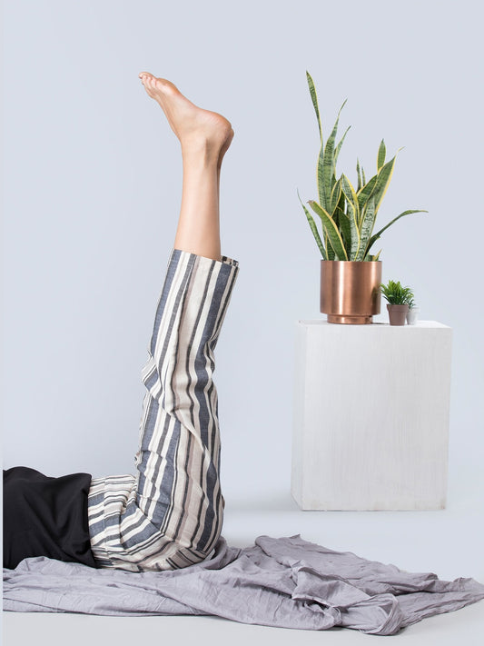 Cotton Striped Straight Fit Pants - Black and White