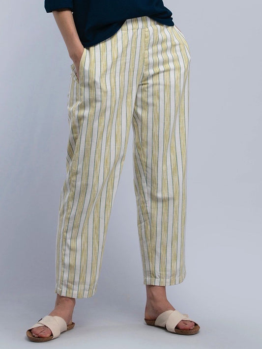Cotton Striped Straight Fit Pants - Lime