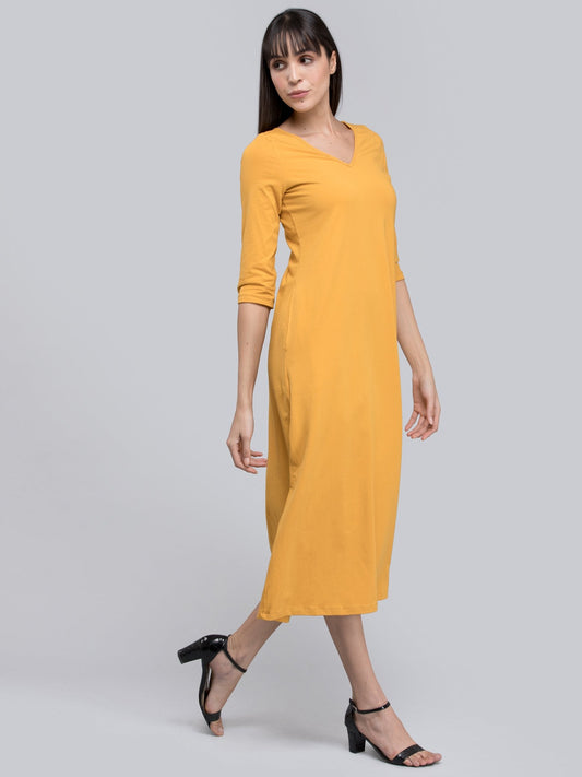 Cotton V Neck Knitted A Line Dress - Mustard