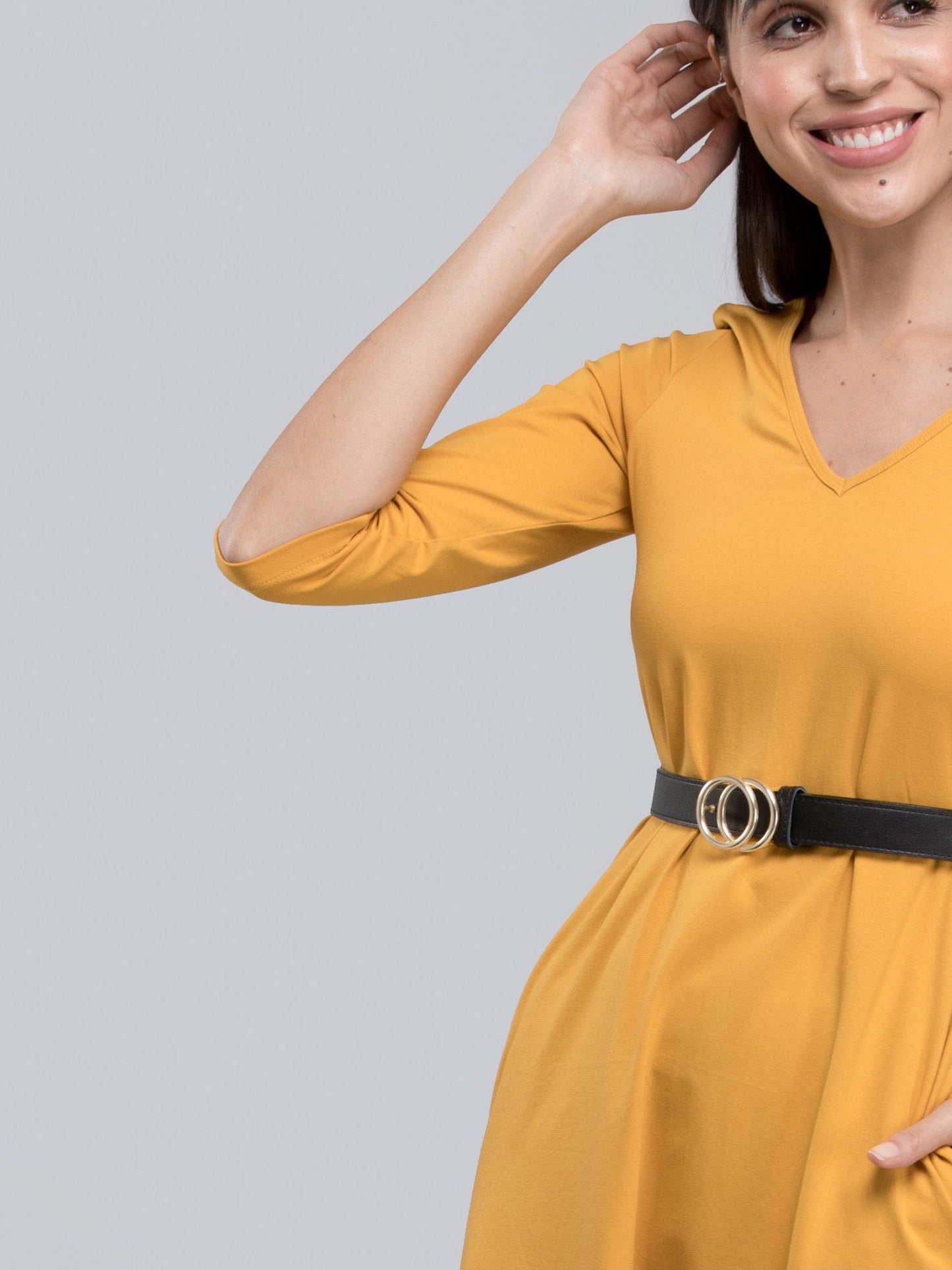 Cotton V Neck Knitted A Line Dress - Mustard