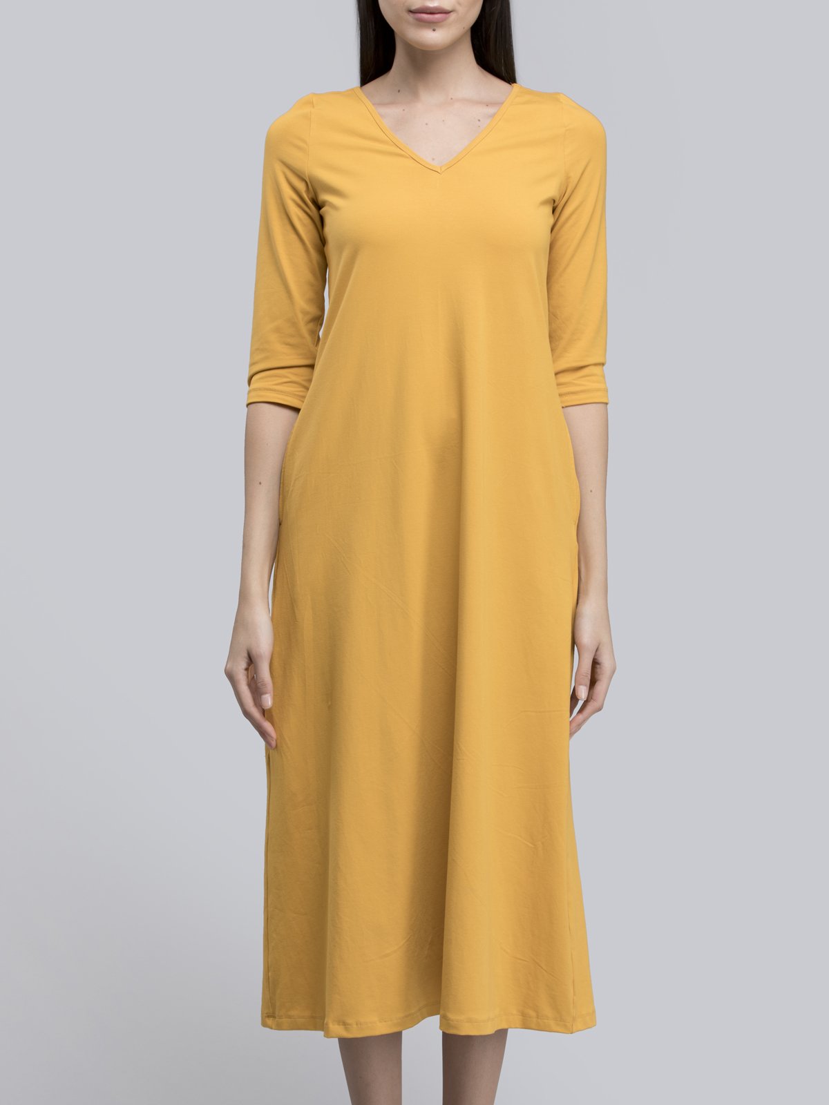 Cotton V Neck Knitted A Line Dress - Mustard