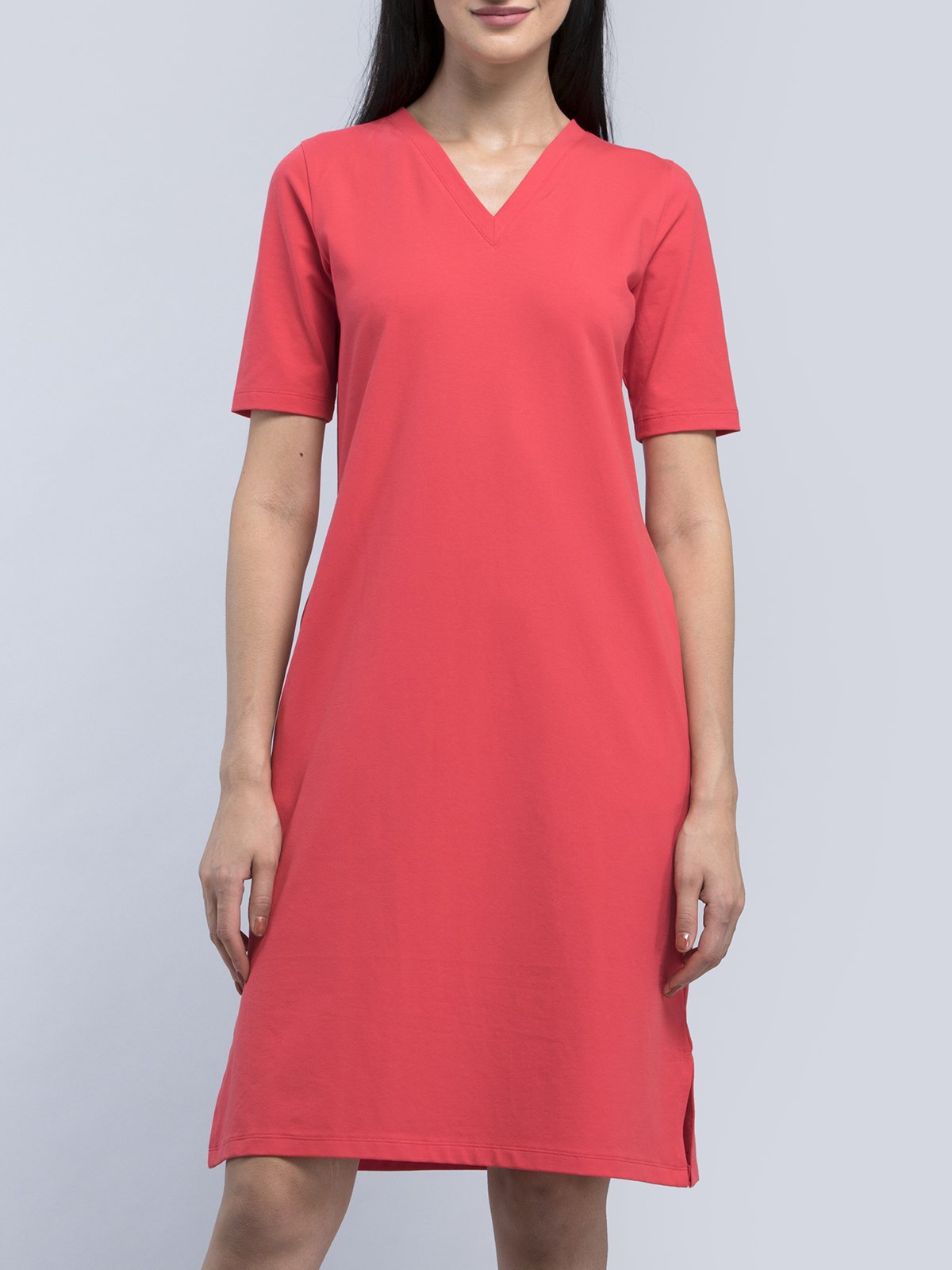 Cotton V Neck Knitted Shift Dress - Pink