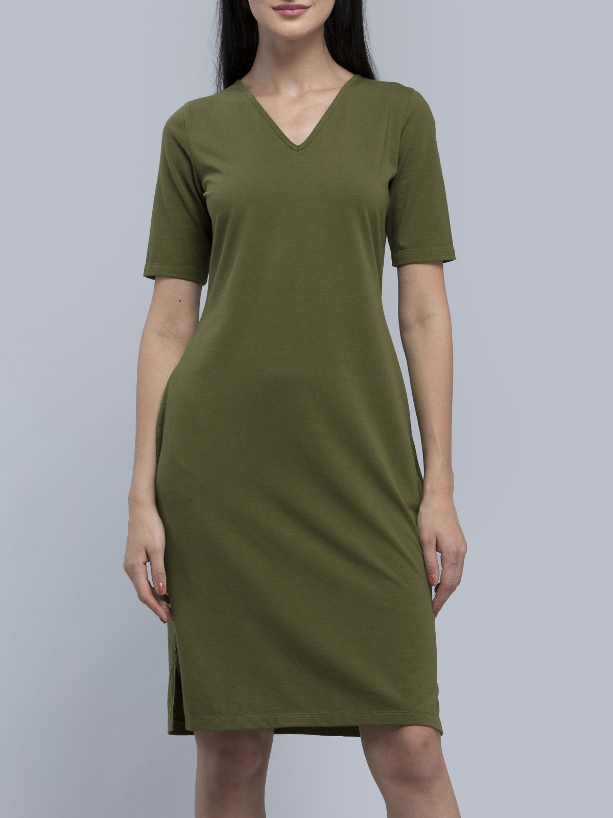Cotton V Neck Knitted Shift Dress - Olive