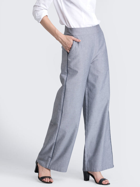 Cotton Wide Leg Pants With Piping Detail - Grey