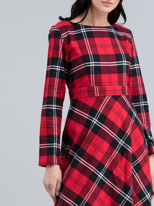 Cotton Wool Plaid Dress - Red and Black