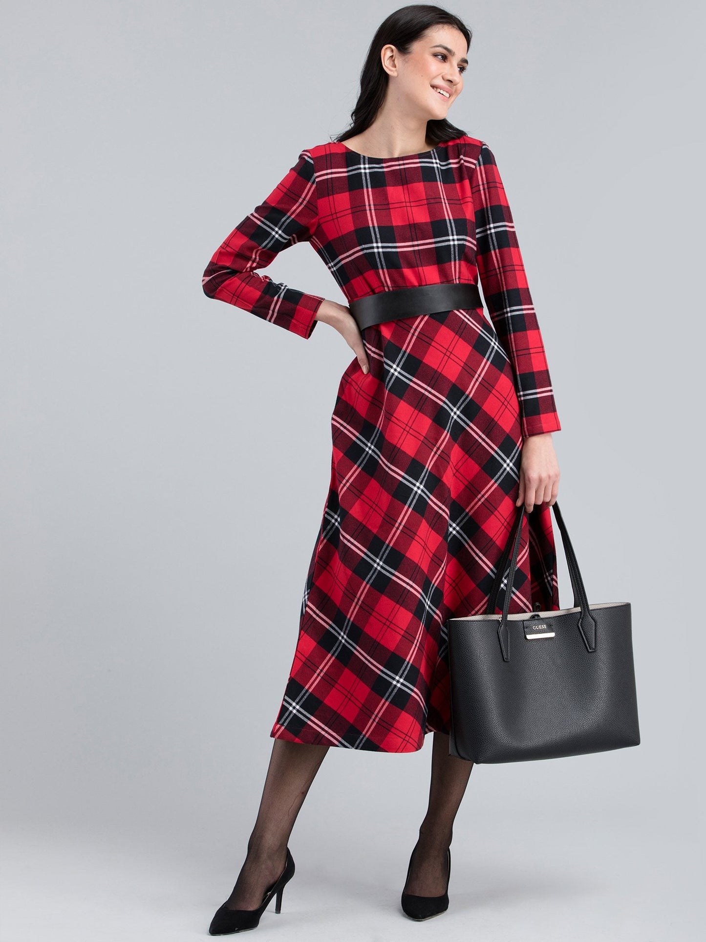 Cotton Wool Plaid Dress - Red and Black