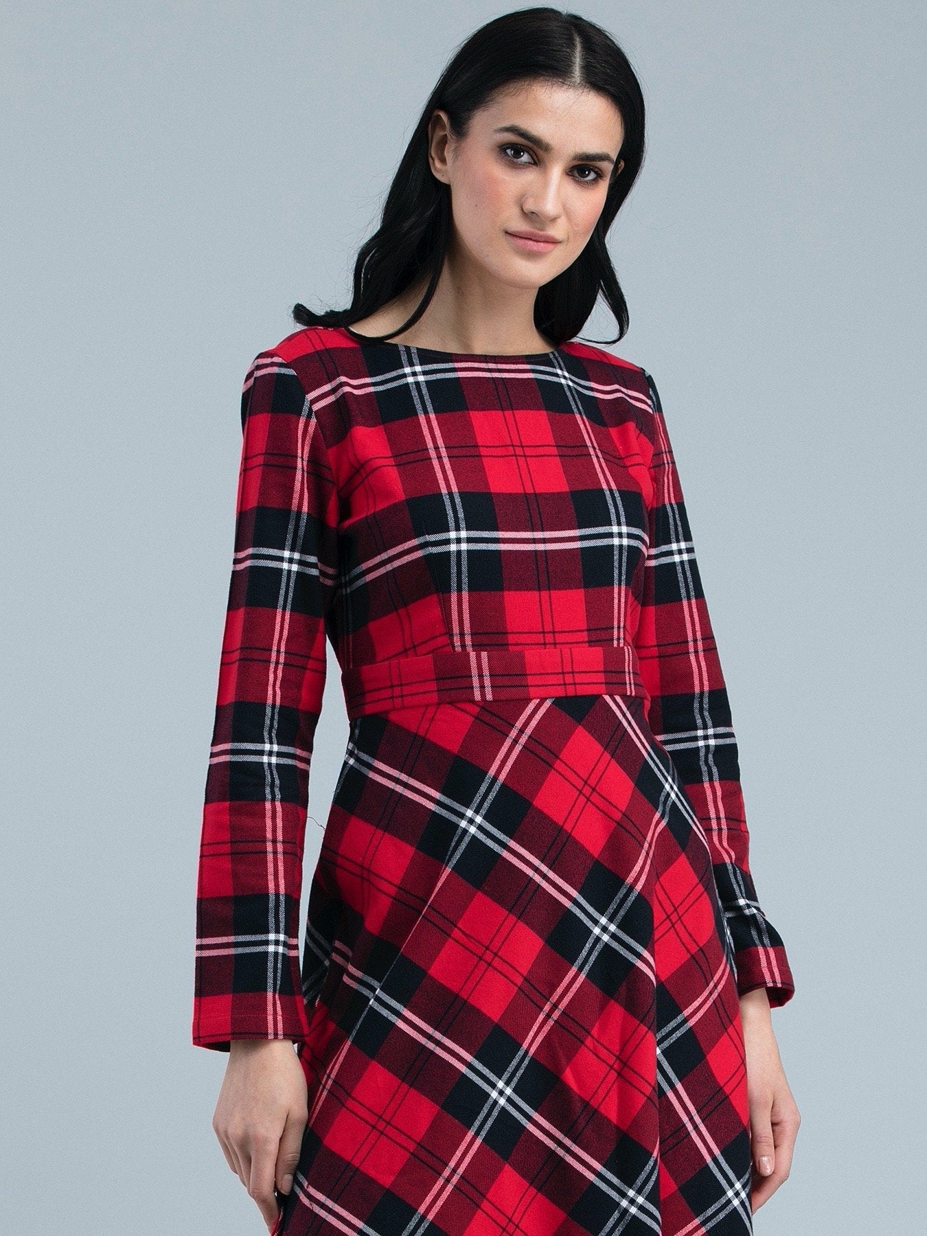 Cotton Wool Plaid Dress - Red and Black