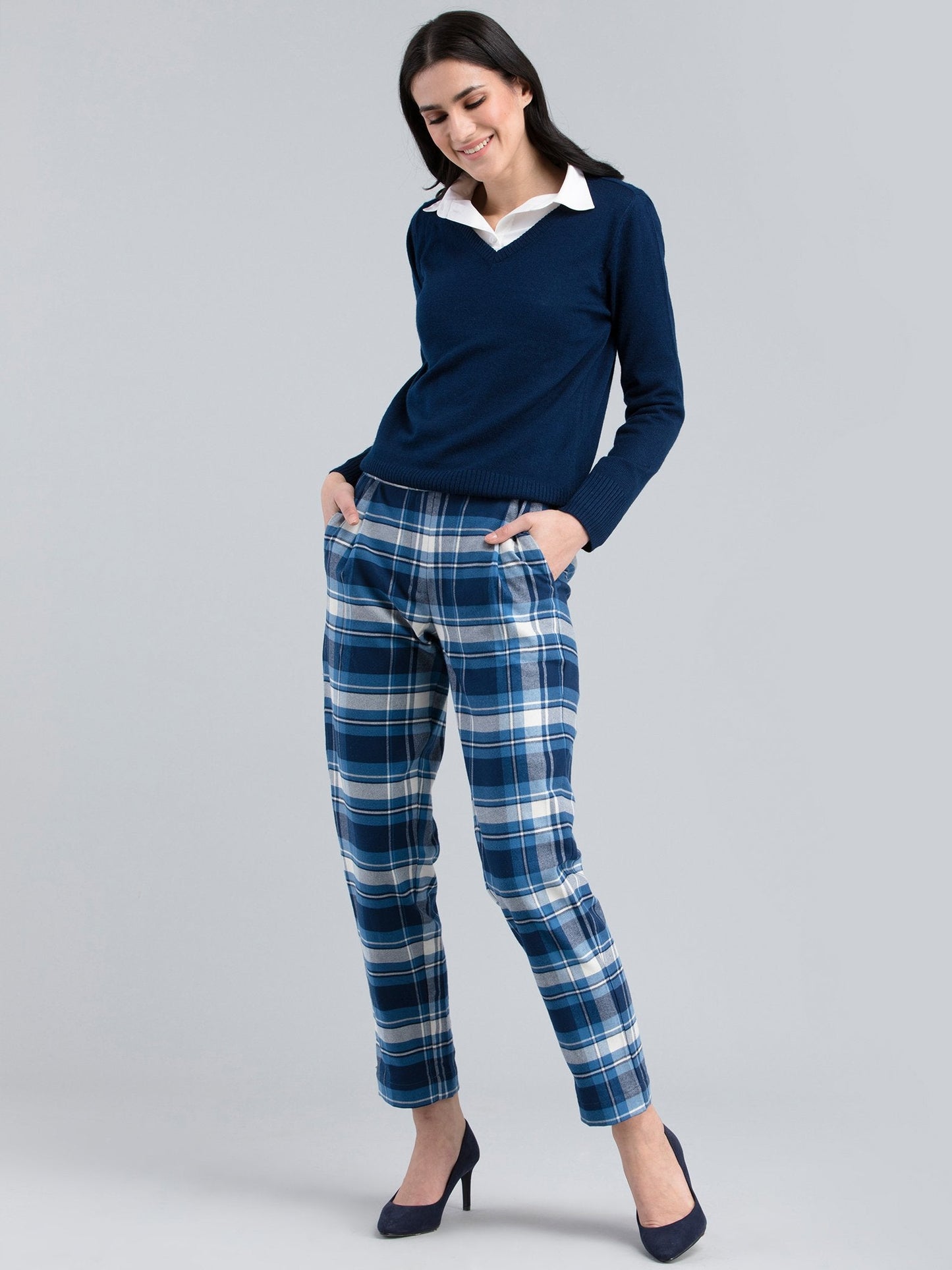 Cotton Wool Plaid Pants - Blue and White