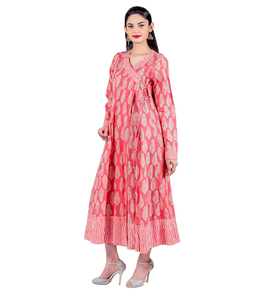 Angrakha Style Floral Hand Block Print Indo Western Dress