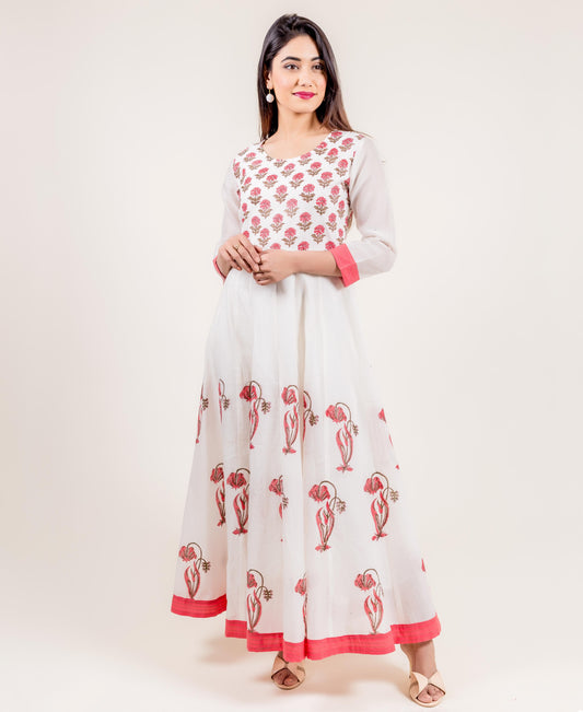 Ivory Printed Chanderi Anarkali Long Dress