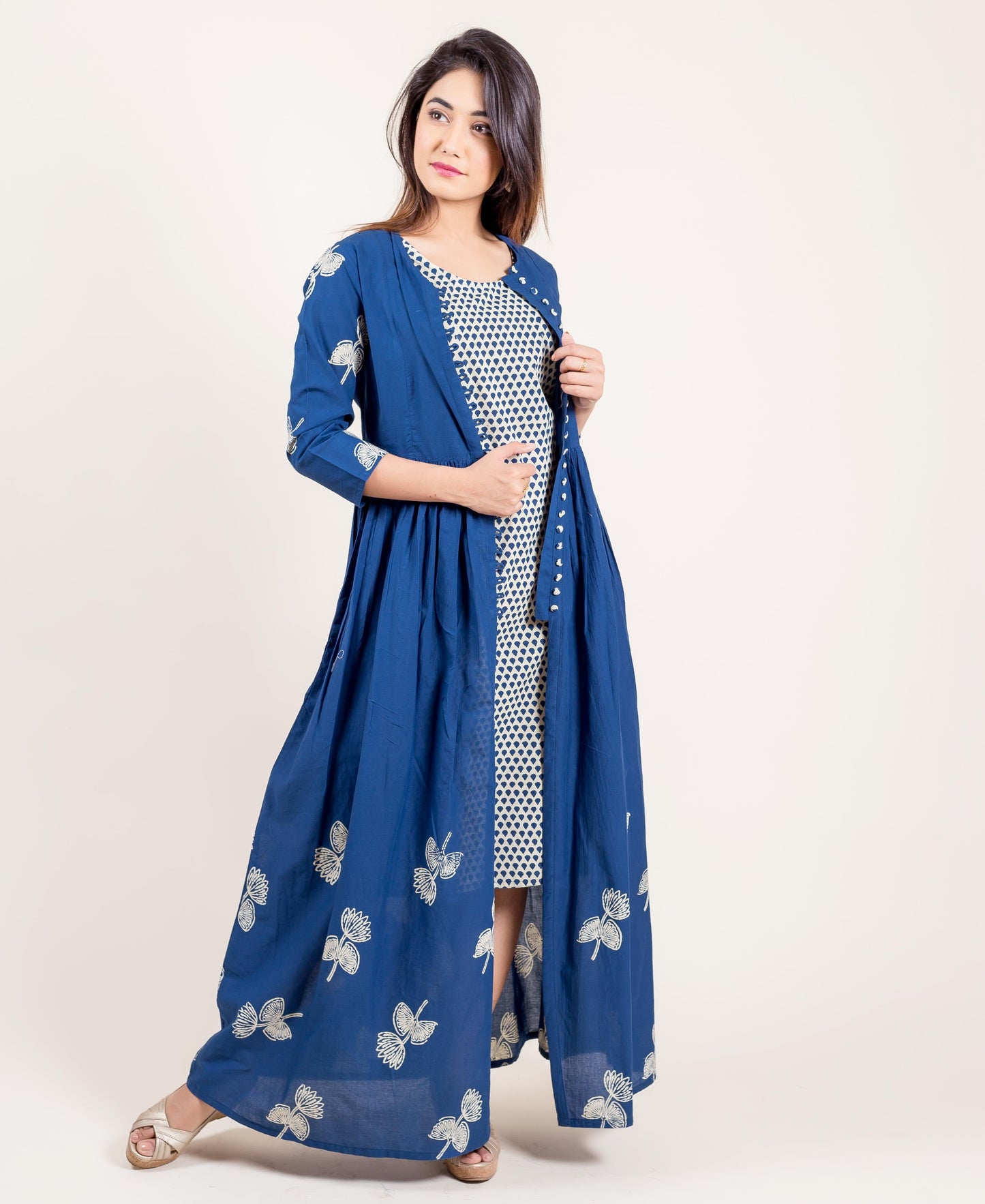 Layered Indigo Cotton Panel Printed Long Dress