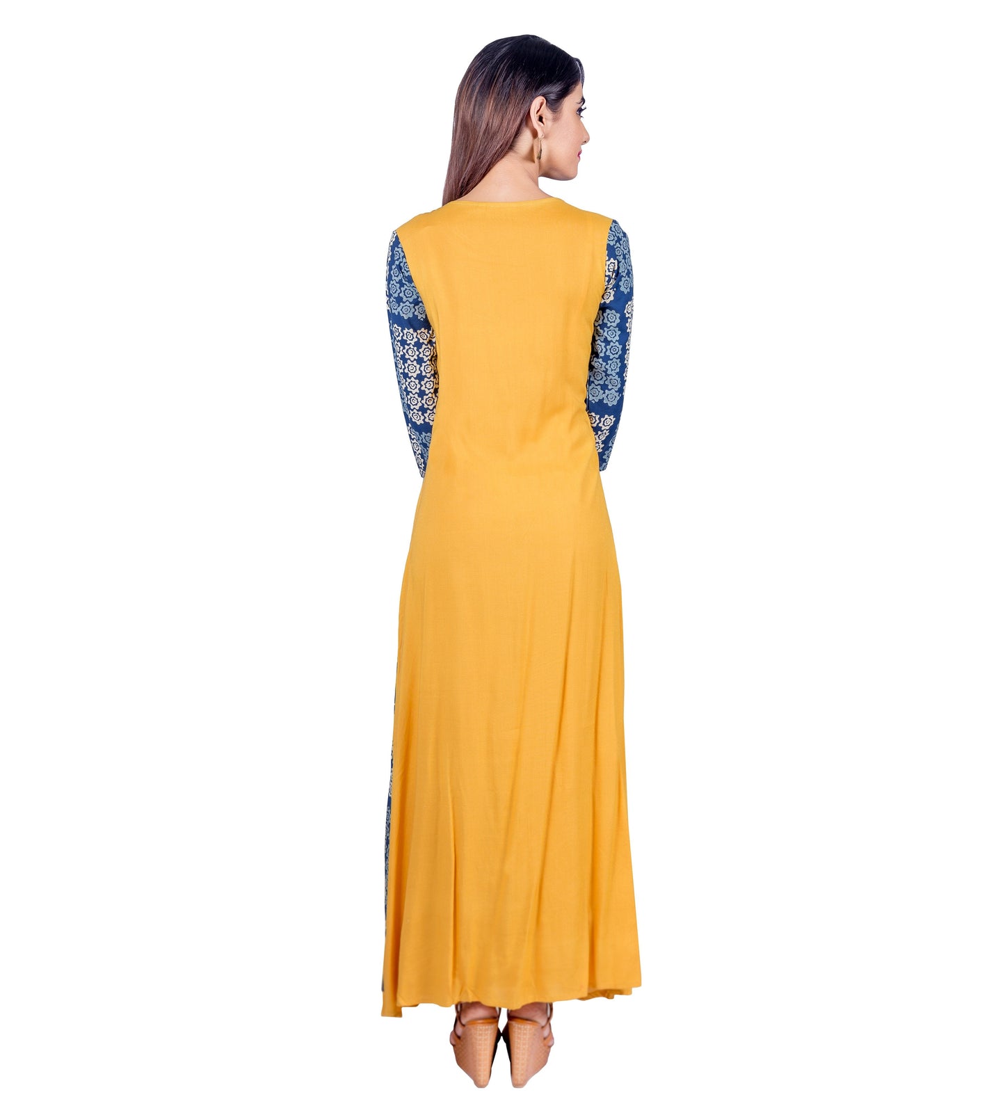 C- Cut Long Indo Western Dress With Solid Yellow Inner