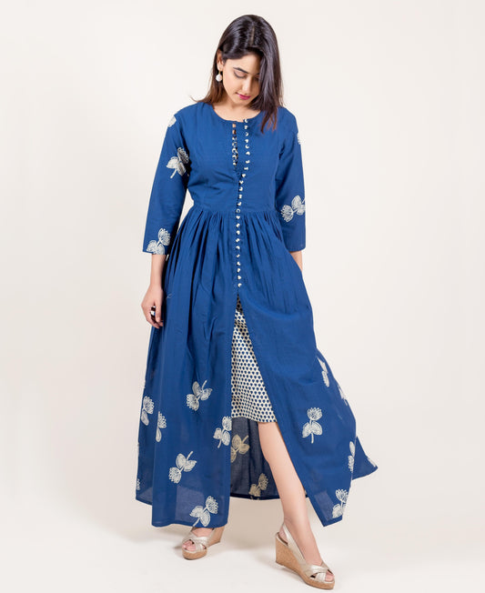 Layered Indigo Cotton Panel Printed Long Dress